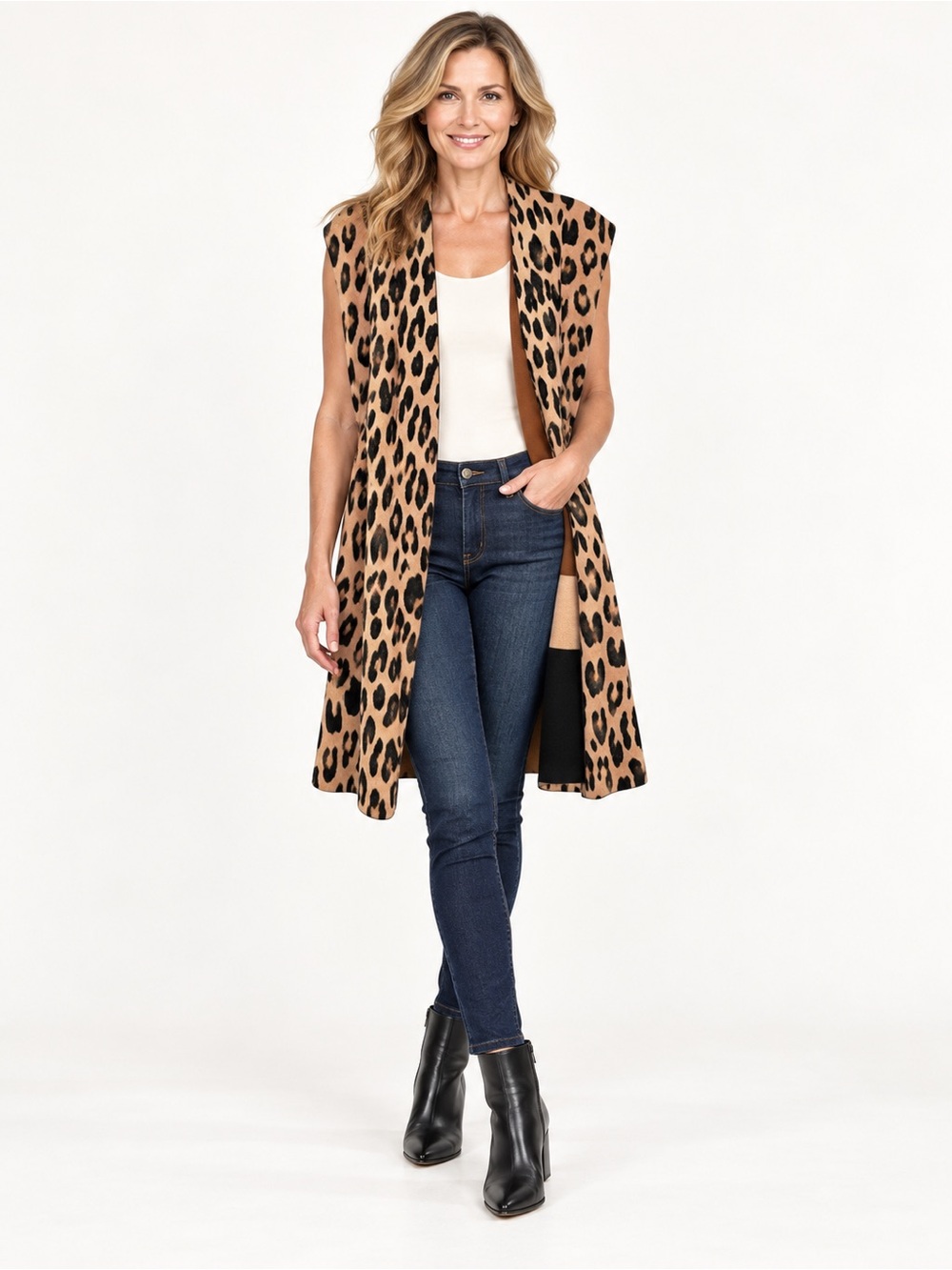 Women’s Reversible Leopard Colorblock Long Sweater Vest | M/L